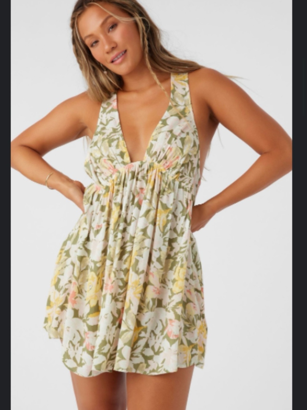 O’Neill Floral Plunge Babydoll coverup in Sage and Pink